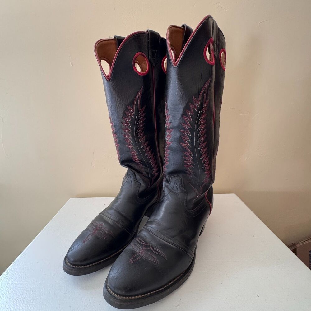 Texas Brand Buckaroo Riding Leather Black Boots w/Red Stitching size 10 EE